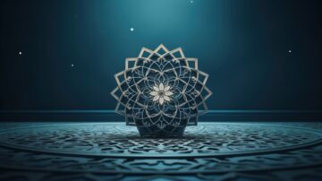 An intricate three-dimensional geometric mandala with detailed floral patterns against a dark blue background, representing the Islamic perspective on social media.