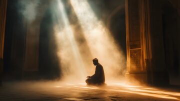 رجل مسلم يجلس في حالة تأمل أو صلاة داخل مسجد مضاء بأشعة الشمس، محاطا بالضباب الناعم، مما يخلق أجواء روحية وهادئة.