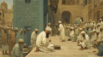 مجموعة من الرجال في ملابس تقليدية يجلسون في ساحة مسجد تاريخي. رجل يجلس على الأرض يكتب في كتاب، بينما آخر يتحدث أمام الحضور. تظهر في الخلفية معالم معمارية إسلامية وزخارف على الجدران. تعكس الصورة أجواء التعلم والتفاعل الثقافي في المجتمع.