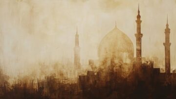 صورة فنية تظهر silhouettes لمسجد مع قباب وأبراج، بألوان دافئة وظلال بنية، تعكس جمال العمارة الإسلامية.