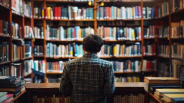 رجل يقف أمام رفوف مكتبة مليئة بالكتب، يركز على القراءة. الأرفف مصنوعة من الخشب وتحتوي على مجموعة متنوعة من الكتب. الإضاءة دافئة وتضفي أجواءً مريحة على المكان.