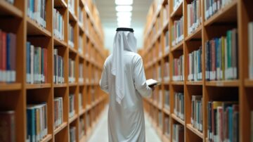 رجل يرتدي الزي التقليدي العربي يقف في مكتبة بين الرفوف المملوءة بالكتب.