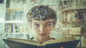 صبي يقرأ كتابًا مع نظرة تفكير عميقة، محاط برسوم بيانية ومعادلات علمية، تعبيره يدل على الفضول والتعلم. الخلفية تحتوي على رفوف كتب، مما يعكس بيئة تعليمية.