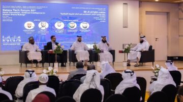 Panel discussion at the Katara Tech Forum 30, featuring speakers discussing artificial intelligence in Islamic Sharia rulings. The event includes a diverse audience and a modern setting with a backdrop displaying the forum's branding.