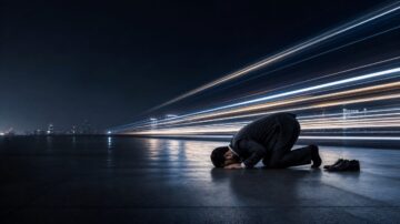 A man in a suit kneels on a dark urban street, resting his forehead on the ground. Blurred lights from passing vehicles create a sense of motion in the background, emphasizing the contrast between his stillness and the city's activity at night.