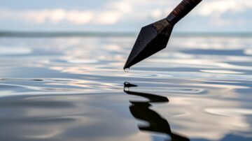 A single droplet on a spearfishing spear above calm water, illustrating the Islamic concept that human sins and obedience do not affect God, set against soft water ripples and a blurred sky