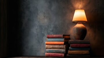 A warm lamp illuminating a stack of vintage books on a dark wooden surface, creating a cozy reading atmosphere that reflects the importance of knowledge in Islam.