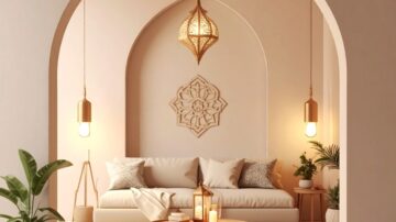 > Cozy living room reflecting the **Qur'anic concept of marriage and family** with a neutral palette, archway design, warm pendant lighting, and lush plants creating a peaceful home atmosphere.