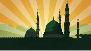 Reflecting on the Prophet's Birthday: Character and Sunnah - Silhouette of a mosque with domes and minarets against a vibrant yellow and orange sunburst background, symbolizing Islamic architecture and culture.