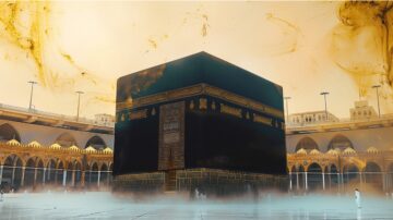 الكعبة المشرفة في مكة، تظهر بشكل مهيب محاطة بجو من الروحانية والقدسية، مع تفاصيل زخرفية غنية. مشهد يبرز الحجاج في محيط الكعبة.