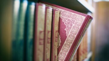 كتب ملونة مرتبة على رف، مع التركيز على كتاب أحمر مزخرف بتفاصيل ذهبية، يعكس التراث الثقافي والأدبي.