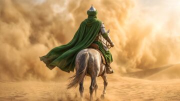 فارس يرتدي درعًا فضيًا ورداءً أخضر، يمتطي حصانًا أبيض في صحراء مليئة بالغبار. يظهر في الخلفية غيوم من الرمل تتصاعد، مما يخلق أجواء درامية. تعكس الصورة روح الشجاعة والمغامرة في بيئة صحراوية.