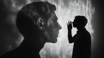 رجل يتحدث بهدوء، مع ظلال وجهه تظهر على الجدار خلفه. الصورة بالأبيض والأسود، تعكس تأثيرات الضوء والظل، مما يخلق جوًا دراميًا وغامضًا.