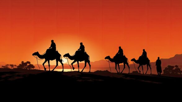 أربعة جمال تسير في الصحراء عند غروب الشمس، مع silhouettes للركاب. السماء تتلون بألوان دافئة من البرتقالي والأحمر، مما يخلق مشهداً ساحراً.