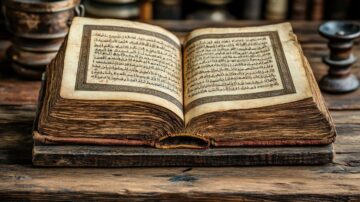 كتاب قديم مفتوح على طاولة خشبية، يظهر نصوص عربية مكتوبة بخطوط جميلة. يحيط بالكتاب مجموعة من الأغراض الأثرية مثل الأكواب والشمعدانات، مما يضفي طابعاً تاريخياً على المشهد.