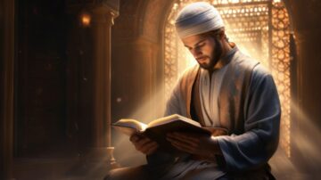 شاب مسلم يجلس في مكان مضاء، يقرأ القرآن الكريم