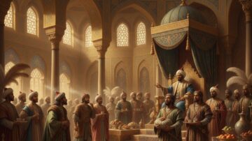 رسم تاريخي يظهر مشهداً من قاعة فخمة حيث يجتمع رجال يرتدون ملابس تقليدية في محيط مزخرف. يتحدث شخصية بارزة من على منصة مزينة، محاطاً بأطعمة وفواكه، بينما يستمع الحضور بانتباه. الإضاءة الطبيعية تخلق جواً مهيباً يعكس الثقافة والتراث.
