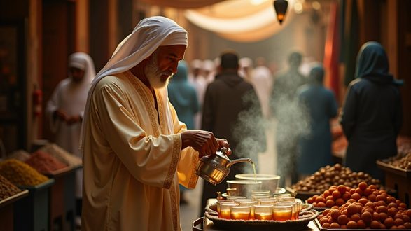 رجل مسن يرتدي لباس تقليدي يصب الشاي في أكواب زجاجية في سوق عربي تقليدي، مع بخار يتصاعد من المشروبات. خلفه، أشخاص يرتدون ملابس متنوعة ويستعرضون الفواكه والتوابل. الإضاءة دافئة وتضفي جواً ثقافياً غنياً.