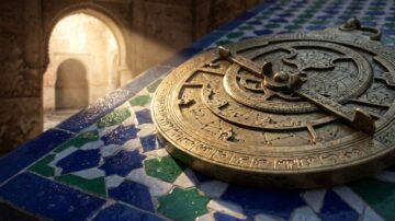 ساعة فلكية قديمة مصنوعة من البرونز، موضوعة على سطح مزخرف بالبلاط الملون بالأخضر والأزرق. تسلط أشعة الشمس الضوء على الساعة، مما يبرز التفاصيل الدقيقة والنقوش. تُظهر الصورة جمال الهندسة الإسلامية والتراث الثقافي.