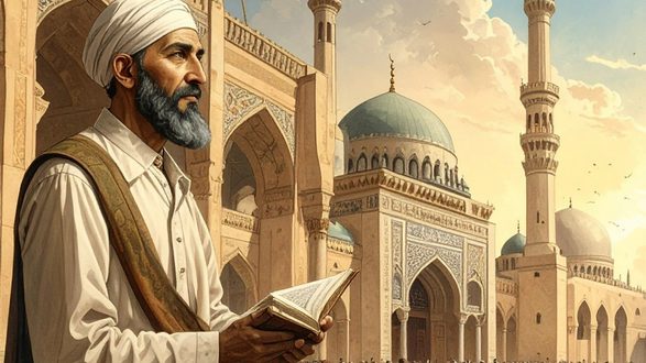 رجل مسن ذو لحية رمادية يرتدي عمامة بيضاء، يقف أمام مبنى تاريخي به قبة ومآذن، ممسكًا بكتاب. السماء زرقاء وتظهر بعض الغيوم، مما يبرز جمال العمارة الإسلامية.