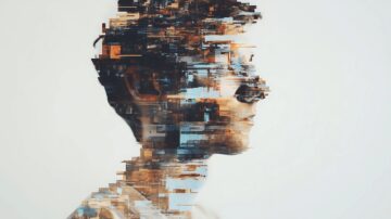 صورة فنية تجريدية تظهر وجه شاب مع تأثيرات تداخل رقمي، حيث تتداخل الألوان والأشكال بشكل مبتكر، مما يخلق انطباعًا عن الفوضى والتغيير.