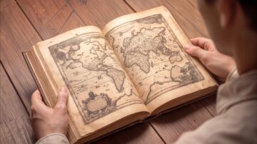 خريطة قديمة للعالم مطبوعة على صفحات كتاب مفتوح، يُمسك به شخص يجلس على طاولة خشبية. تفاصيل دقيقة تظهر في الخريطة، بما في ذلك القارات والمحيطات، مما يعكس تاريخ الجغرافيا والاستكشاف.