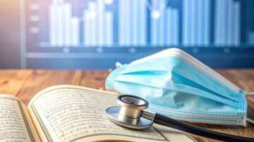 الفقه الطبي: ستيثوسكوب وزي طبي بجوار كتاب مفتوح على طاولة خشبية، مع مخطط بياني في الخلفية. تعكس الصورة أهمية الصحة والطب في العالم الحديث.