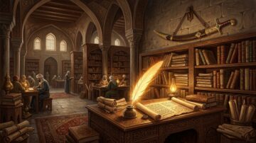 مكتبة تاريخية رائعة تحتوي على رفوف مليئة بالكتب القديمة. في المقدمة، يوجد مكتب خشبي مع قلم ريش ووعاء حبر، بينما يجلس عدد من الأشخاص في الخلفية، منهم من يكتب ومنهم من يقرأ. الإضاءة الدافئة تأتي من مصباح زيت، مما يخلق جوًا هادئًا ومليئًا بالمعرفة.