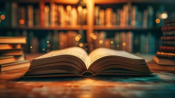 كتاب مفتوح على طاولة، مع خلفية من المكتبة المظلمة والمكتظة بالكتب. الإضاءة الدافئة تبرز تفاصيل الصفحات والأغلفة.
