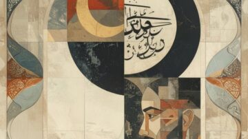 تصميم فني يتضمن أنماط هندسية وألوان دافئة، مع تصوير لوجه رجل في الجانب الأيمن ونص عربي متداخل في التصميم. إشارة إلى كمال الشريعة وشمولية الإسلام