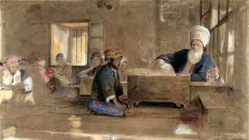 رسم تاريخي يظهر مشهداً داخل فصل دراسي قديم، حيث يجلس معلم ذو لحية بيضاء أمام طاولة، بينما يجلس طالب صغير على الأرض. في الخلفية، يظهر عدد من الطلاب مشغولين بالدراسة. الأجواء تعكس التعليم التقليدي والتراث الثقافي.