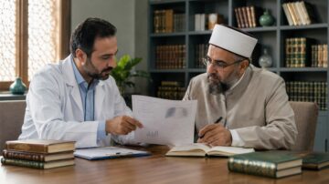 طبيب يناقش بيانات طبية مع رجل دين في مكتب يحتوي على كتب ومكتبة. الطبيب يرتدي معطفاً أبيض بينما يرتدي رجل الدين عمامة وملابس تقليدية. يظهر التركيز والتعاون بينهما أثناء مراجعة الوثائق.
