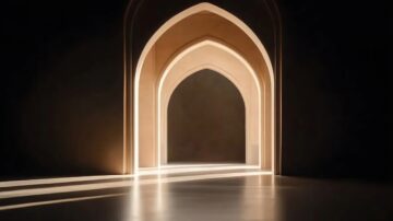 Soft light illuminating elegant interior arches, creating a tranquil atmosphere that reflects the true meaning of Shariah.