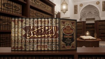 مجموعة كتب "مسند الإمام أحمد" بتعليق "عبد الله بن سالم البصري" مصطفة في مكتبة إسلامية عريقة.