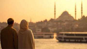 زوجان مسلمان ينظران إلى مشهد المدينة، يرمزان إلى موضوع عزوف الشباب عن الزواج وأهمية الاستقرار الأسري، مع مسجد كبير يغمره ضوء الغروب الذهبي، ليلتقطا لحظة من السكينة والجمال الثقافي.