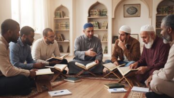 A study circle (halaqah) of individuals gathered for collective Quran study and discussion.