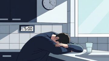 Spiritual langour in worship: man sleeping at kitchen counter at 5 am, tired morning before fasting, early dawn light through window