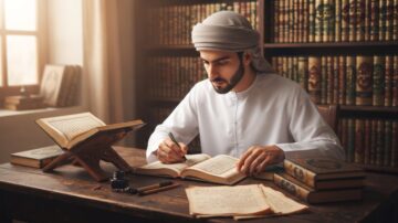 Student of Islamic knowledge studying books and memorizing mutun