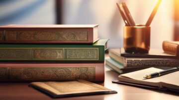 مجموعة من الكتب الإسلامية ودفاتر الملاحظات مفتوحة على مكتب، في لقطة مقربة تظهر عناوين لمؤلفات أسانيد ثلاثيات السلسلة الذهبية .