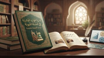 كتاب إسلامي فاخر يحمل عنوان إدارة الموارد البشرية في السنة النبوية، بجانبه كتب تاريخية ومخطوطات وجهاز لوحي يظهر رسوم بيانية لإدارة الأعمال في مكتبة هادئة.