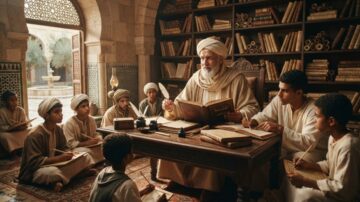 A historical illustration of the scholar Ibn Khaldoun education while he is sitting at a wooden desk writing with a quill, surrounded by ancient manuscripts and an astrolabe