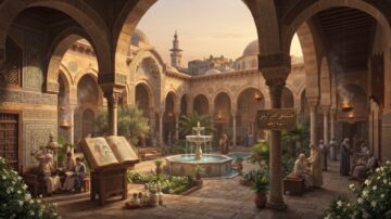 صورة فنية لتصميم تاريخي يوضح فناء بيمارستان إسلامي قديم بأقواس حجرية ونافورة رخامية، يجسد عراقة مستشفيات نور الدين زنكي وتاريخ الطب الإسلامي