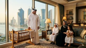 عائلة إماراتية تتفاعل في غرفة معيشة أنيقة تطل على skyline دبي. الأب يرتدي الزي التقليدي ويحمل نظرة فخر، بينما تجلس الأم مع طفلين أمام سرير طفل. المنظر الخارجي يظهر ناطحات السحاب الحديثة.
