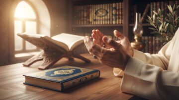 Asma ul Husna: Person in traditional attire praying with hands raised beside an open Quran on a wooden table, softly lit by natural light from a window, with bookshelves in the background.