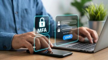 شخص يجلس أمام كمبيوتر محمول، يقوم بإدخال معلومات تسجيل الدخول مع تفعيل المصادقة متعددة العوامل (MFA) على شاشة رقمية. يظهر رمز قفل بجانب حقول اسم المستخدم وكلمة المرور ورمز التحقق.