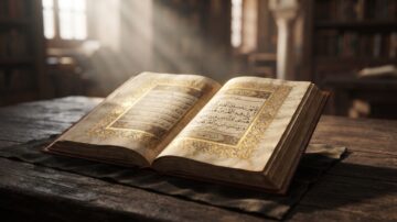 An open, richly illuminated antique Quran on a wooden table set in a sunlit study.