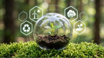 Environmental protection in Islam: A small plant grows in rich soil inside a glass sphere, surrounded by icons representing renewable energy, recycling, carbon dioxide reduction, and sustainable practices. The background features a blurred forest, emphasizing a connection to nature and environmental protection.
