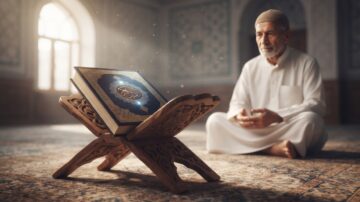 An elderly Muslim man sits reverently near an open Quran on a stand in a sunlit mosque, embodying the theme of mercy in Islam.