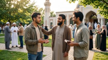 New muslims friendship: Three young men engaged in conversation outdoors at a mosque during a community event. In the background, diverse groups of people are gathered, some wearing traditional attire. Lush greenery and architectural features of the mosque create a welcoming atmosphere.