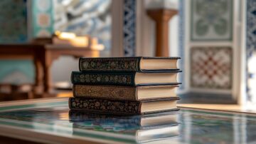 مجموعة من الكتب الأنيقة موضوعة بشكل مرتب على طاولة، تعكس تصاميم داخلية تقليدية وجدران مزخرفة. الإضاءة الطبيعية تبرز تفاصيل الكتب وجمال المكان.